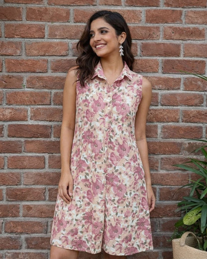 Pastel pink floral A-line cotton dress for women