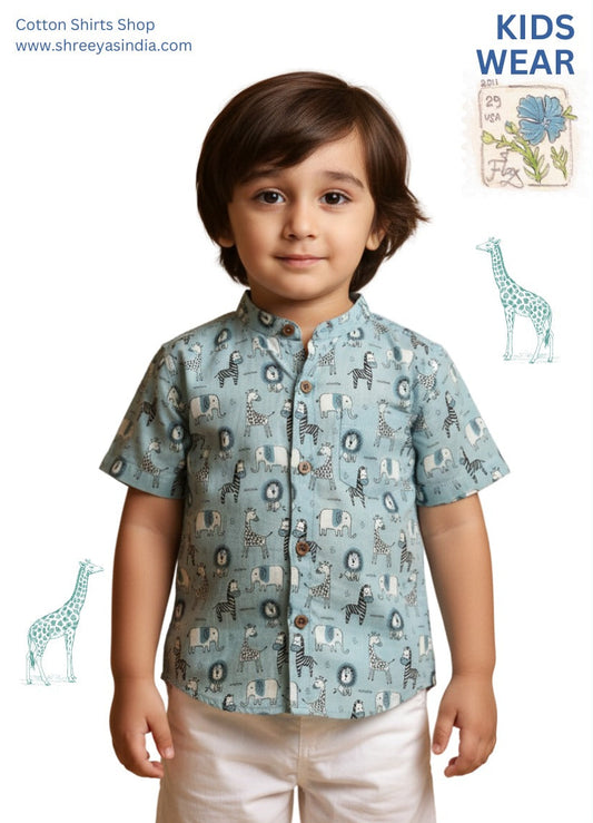 Child wearing a patterned shirt with a 'Kids Wear' label and giraffe illustrations on a blue border.
