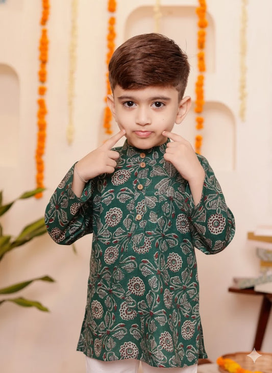 Boys Dark Green Floral print Kurta with Pyzama (Size 0 to 12years)