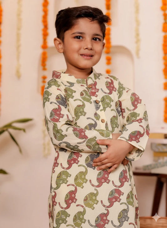 Boys Multicolour Elephant Print Kurta with Pajama | 100% Cotton (Size 0 to 12years)
