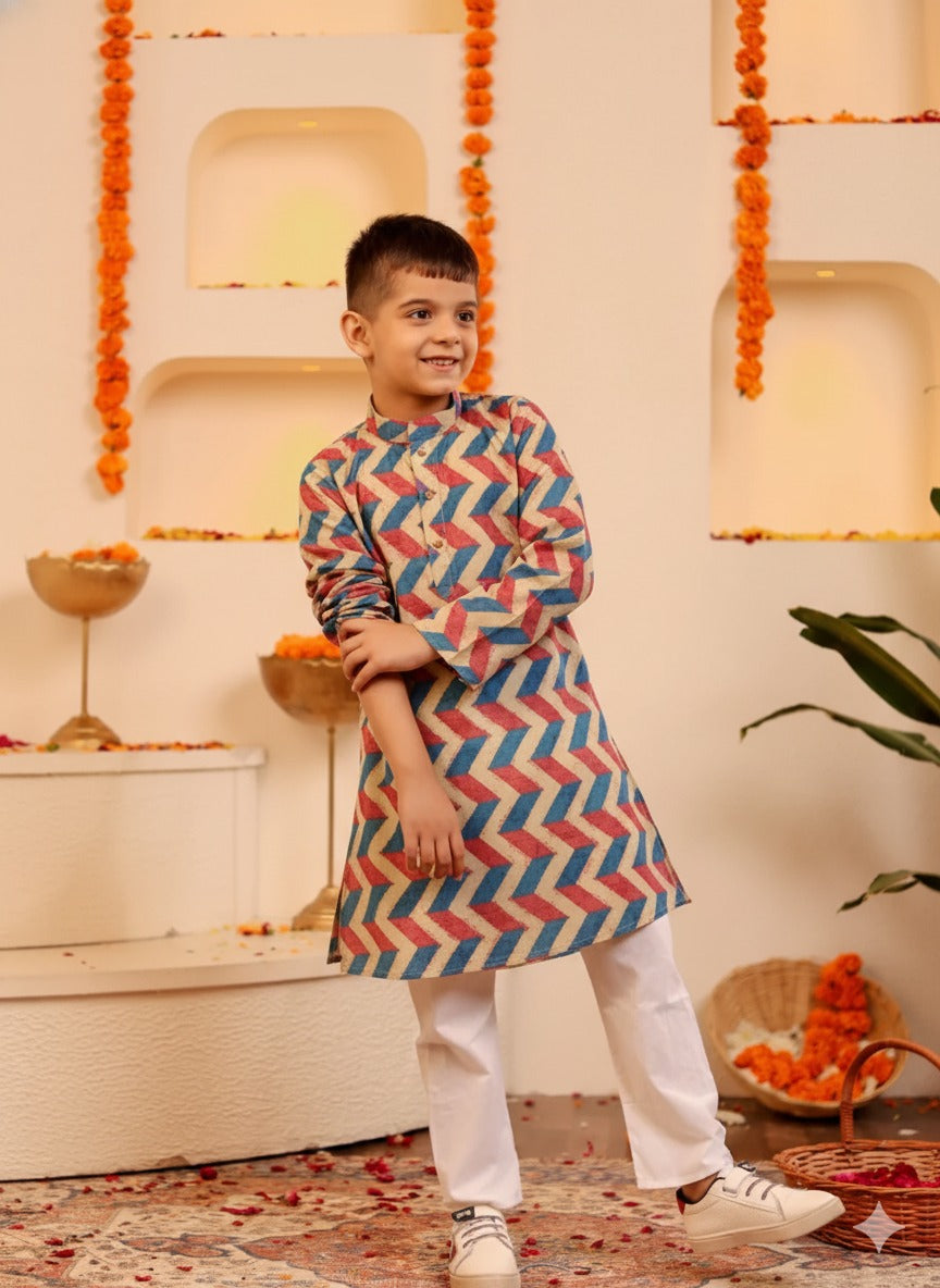 Boys Multicolour Zigzag Printed Kurta with Pajama | 100% Cotton