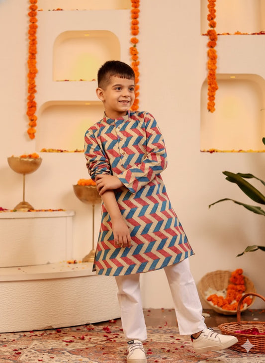 Boys Multicolour Zigzag Printed Kurta with Pajama | 100% Cotton