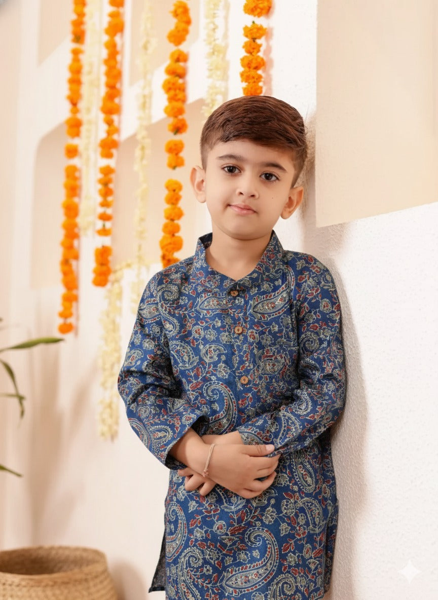 Boys Dark Blue Paisley print Kurta with Pyzama (Size 0 to 12years)
