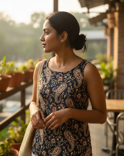 Midnight Black Paisley Cotton Sleeveless top