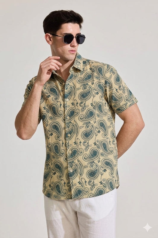 Men’s Cream Paisley Cotton Shirt – Half Sleeves