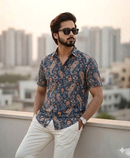 Men’s Midnight Blue Paisley Cotton Shirt – Half Sleeves