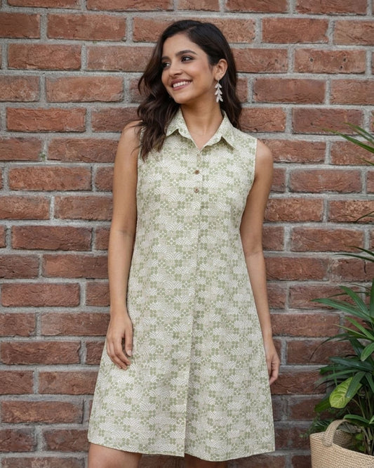 Beige Green Geometric Cotton Dress | Sleeveless Summer Dress