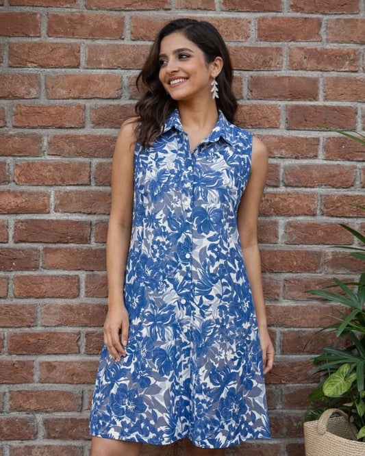 Blue Floral A-Line Cotton Dress for Women | Sleeveless Summer Dress