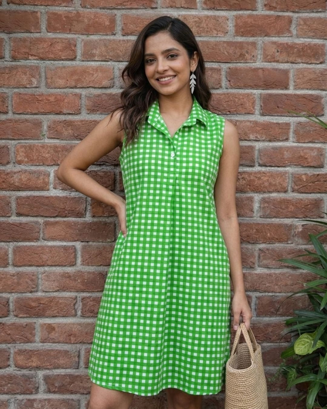 Cotton Sleeveless Dress – Green & Wine Checks