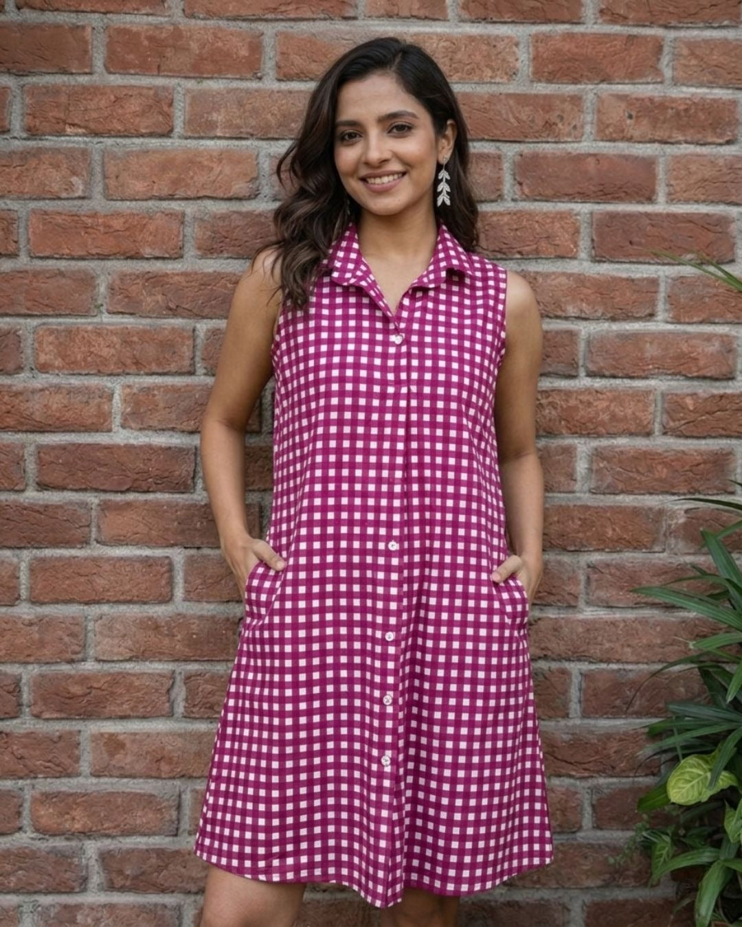 Cotton Sleeveless Dress – Green & Wine Checks