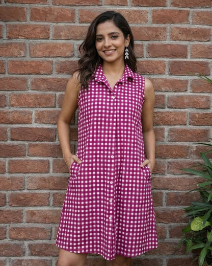 Cotton Sleeveless Dress – Green & Wine Checks
