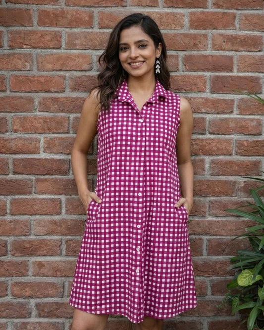 Cotton Sleeveless Dress – Green & Wine Checks