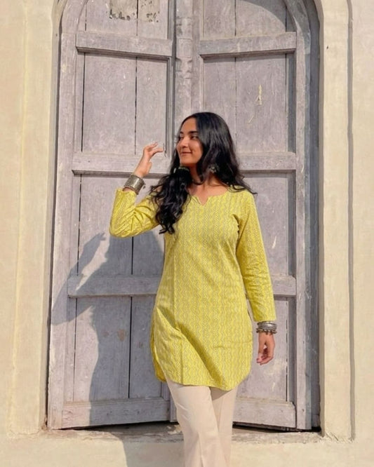 Yellow geometric print short kurti