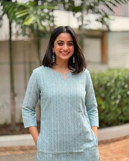 Powder blue geometric print short Kurti