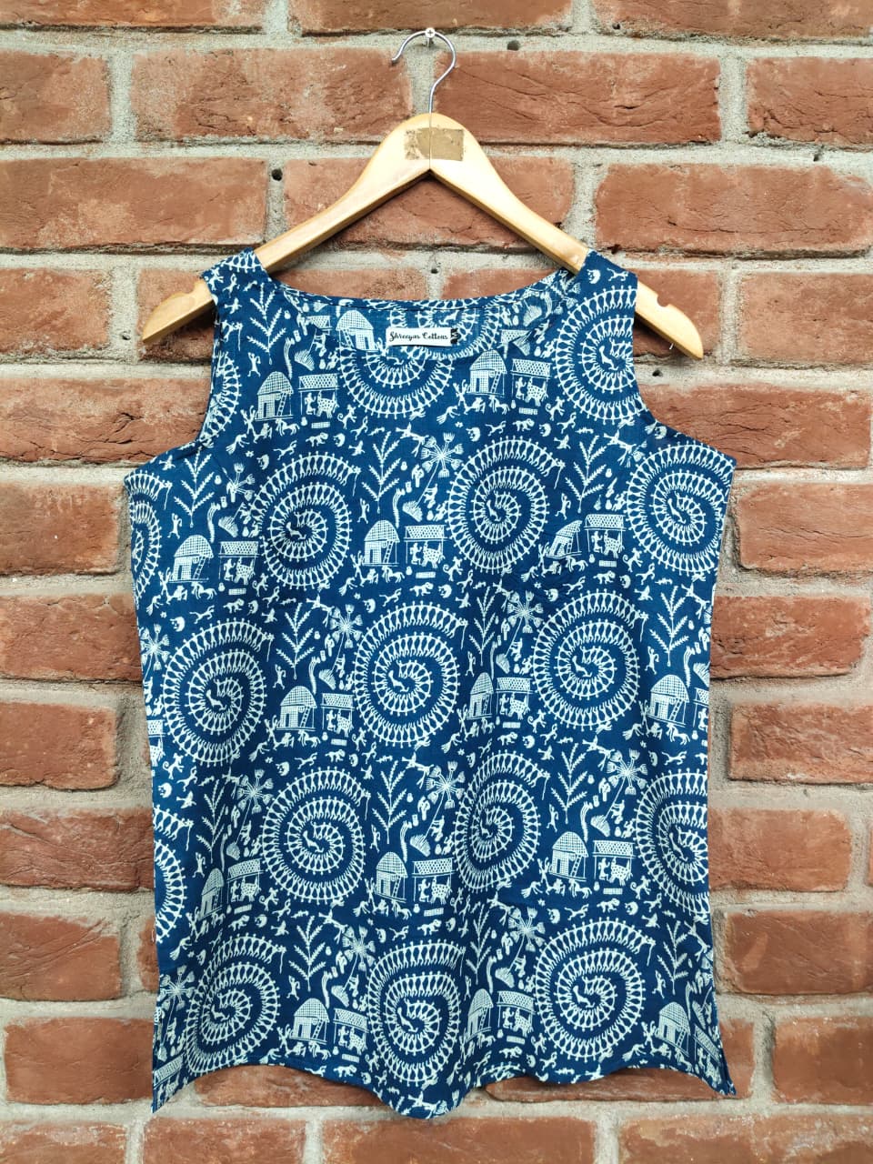 Indigo Warli Print Cotton Sleeveless Top for Women