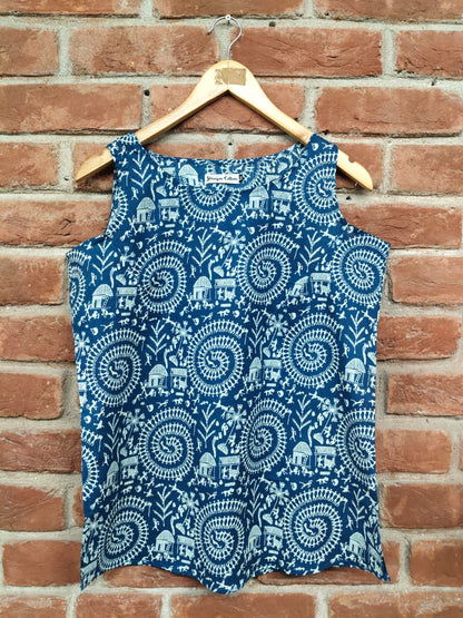 Indigo Warli Print Cotton Sleeveless Top for Women