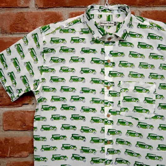 100% Cotton Green Car Print Half Sleeves Shirts for Men & Boys (Size 0-46)