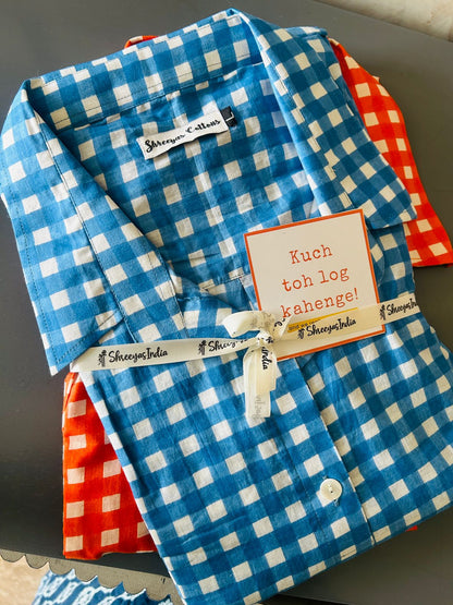 Cotton Sleeveless Dress – Orange & Blue Checks