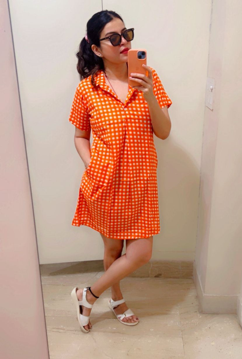 100% cotton sleeveless dress in Orange checks