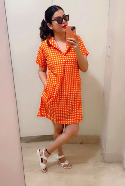 100% cotton sleeveless dress in Orange checks
