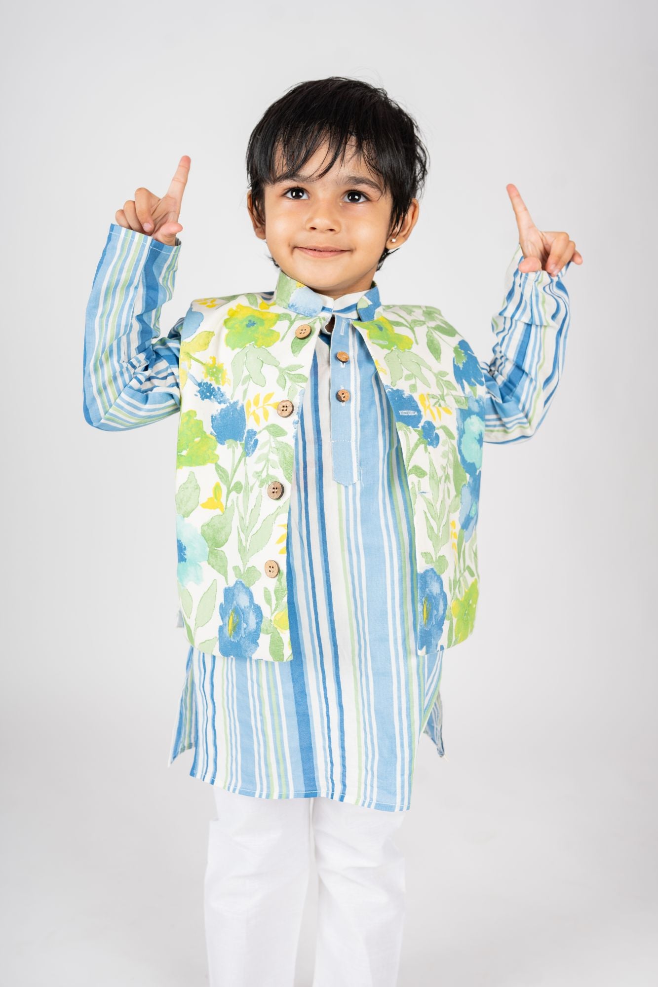 Boys Blue green kurta with floral jacket and white pyzama - 3pc set, 100% cotton, sizes 0-4 years