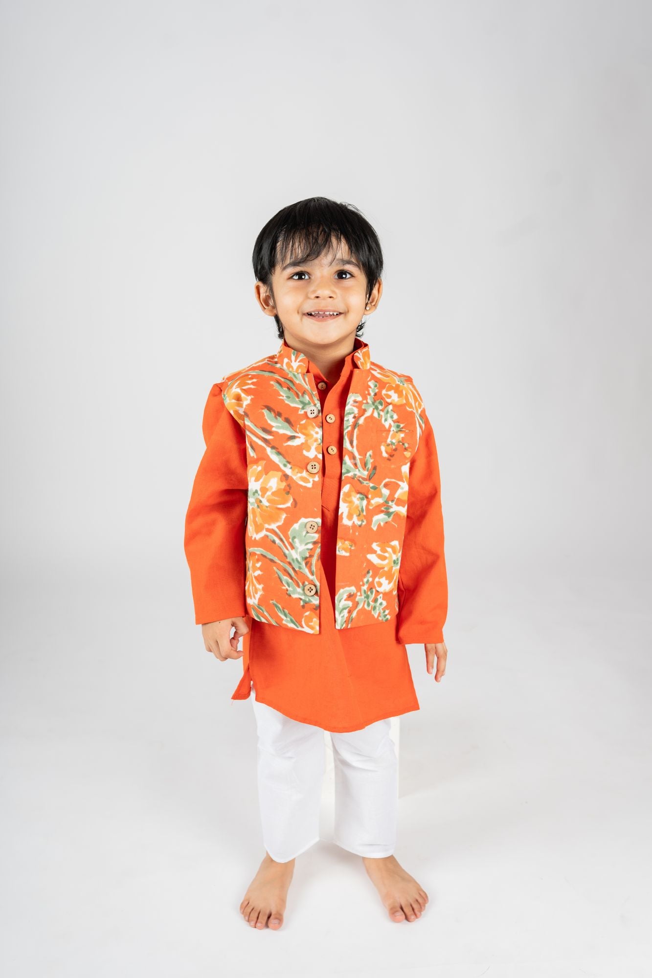 Boys orange kurta with floral jacket and white pyzama - 3pc set, 100% cotton, Sizes 0-4years