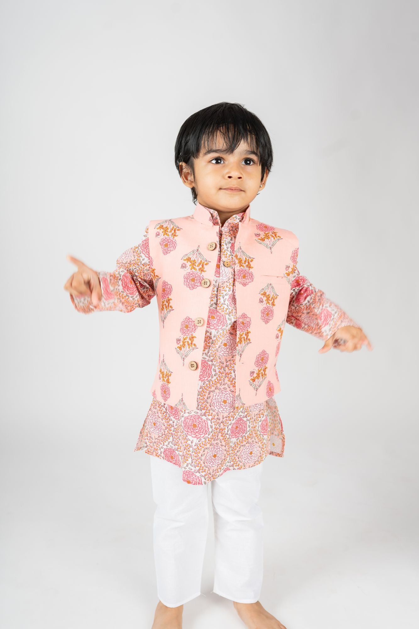 Boys Peach kurta with jacket and pyzama - 3pc set, 100% cotton, Sizes 0-4 years